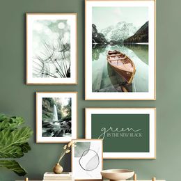 Canvas Painting Green Lake Boat Dandelion Leaves Letters Abstract Wall Art Poster Nordic Posters And Prints Home Decor Pictures For Living Room Decor Frameless