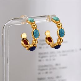 Fashion Paris Stud Hand Carved Scarab Desert Rainbow Earrings Women Retro Colour Stone Street Classic Jewellery Accessories