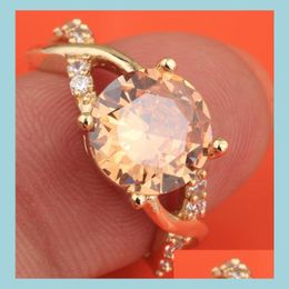 Wedding Rings Wedding Rings Fantastic Champagne Zircon Gems Morganite Jewelry Gold Solitaire Ring Us Size 6 / 7 8 9 S1862Wedding Dro Dhxi6