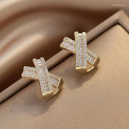 Stud Earrings South Korea Fashion Luxury 18K Gold Geometric Cross Zircon Commuter Collection Gift Banquet Women Jewellery 2022