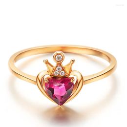 Wedding Rings Classical Heart-shape Red Color Crystal Crown For Women Gold Elegance Engagement Tiny Zircon Jewelry Gifts