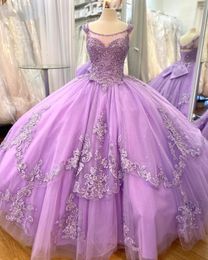 Lavender Lace Quinceanera Dresses With Bow Mexican Vestidos De 15 Anos Plus Size Scoop Sweet 16 Pageant Party Gowns