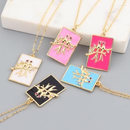 Choker Colorful Enamel Square Necklace Chain Collar For Women Enameled Engraved Bird Pendant Jewelry Accessories Valentines Gift