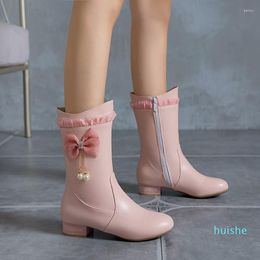 Boots YQBTDL Autumn Winter Low Chunky Heels Cute Lolita Shoes Cosplay Pink White Bowtie Lace Ruffles Mid Calf Womens 34-43