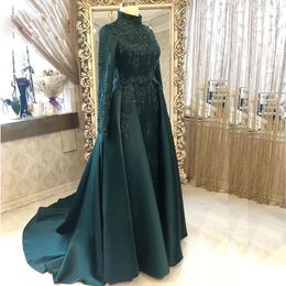 Emerald Green Evening Dresses Muslim Formal Gown Detachable Train Saudi Arabia Beaded Long sleeve Prom Occasion Dress