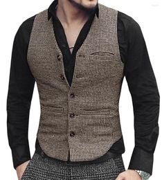 Men's Vests Tweed Mens Suit Vest V Neck Wool Brown Single-breasted Houndstooth Waistcoat Casual Formal Business Groomman For Wedding