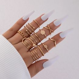 Gold Color Rings Set Twist Hollow Rings for Women Pearl Vintage Butterfly Rings Geometric Trendy Jewelry 12pcs/sets