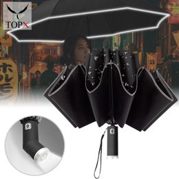 Umbrellas LED Light Reverse Fully Automatic Umbrella Folding Portable Rainproof Windproof Widened Strong Durable Adjustable Angle Parasol 221027