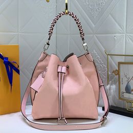 Hollow Out Bucket Bag Women Drawstring Handbags Crochet Handle Crossbody Shoulder Bags Purse Granular Genuine Leather Tote Bags Interior Pocket Silver Hardware