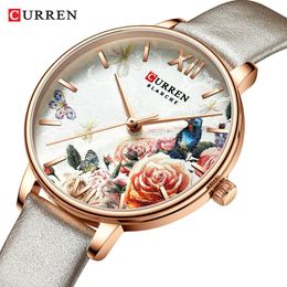 Curren Beautiful Flower Design Watch Watch Fashion Casual Кожаные наручные часы, дамы, смотрят женские часы женские кварцевые часы 231V