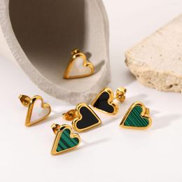 Stud Earrings Natural Stone White Shell Green Malachite Black Love Heart Fashion Stainless Steel Jewelry