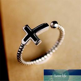 925 Sterling Silver Unique Black Vinyl Cross Shape Twist Rope Thai Silver Open Ring Jewlery For Men Women S-R59