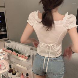 Men's T Shirts 2022 Vintage Kawaii Blouses Women Puff Sleeve Shirring White Shirt For Girl Summer Korean Fashion Preppy Style Sexy Crop Top