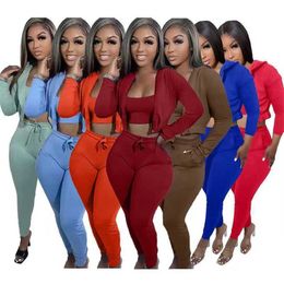 Women Tracksuits Three Piece Pants Set Active Spring And Winter Clothes Sexy Crop Top Hoodie Sweatpant Outfits Sweatsuits S-XXL