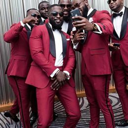 Men's Suits African Male Groomsman Black Peaked Lapel Jacket With Pants Burgundy Wedding Tuxedo Dinner Party Men Blazer Traje Hombre