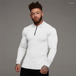 Men's Polos Gyms Fashion Zipper Polo Shirt Mens Clothing Workout Running Shirts Breathable Sports Long Sleeve Training