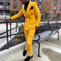 Men's Suits 2023 Arrival Yellow Double Breasted Wedding For Men Slim Fit 2 Pieces Groom Tuxedos Custom Made Prom Party