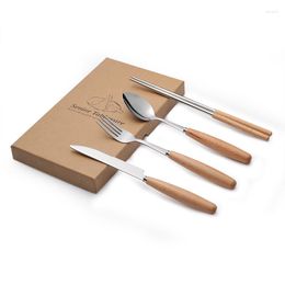 Dinnerware Sets Stainless Steel Cutlery Set Nordic Portable Travel Camping Wood Steak Vajilla Completa Kitchen Tableware DB60DC