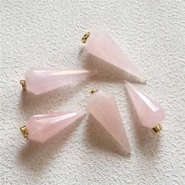 Pendant Necklaces FUWO Faceted Pink Quartz Pendulum Natural Healing Gems Stone Dodecagon Jewellery Wholesale PD341 5Pieces/Lot