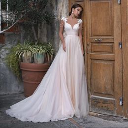 Elegant Sheer Neck A Line Wedding Dresses Cap Sleeve Beading Bridal Gown Backless Ribbon Belt Boho Vestido De Novia 326 326