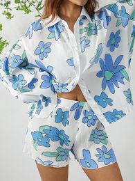 Women's Tracksuits 2022 Women Two-piece Suit Flower/ Irregular Printing Long Sleeve Shirt And Straight-leg Shorts Casual Loose Outfits