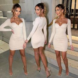 Casual Dresses 2022 Long Sleeve Ruched Bodycon Dress Autumn Women Sexy Party Club Solid Short Mini Bustier Vestidos