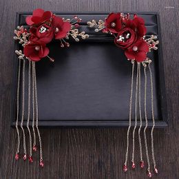 Hair Clips FORSEVEN Chinese Red Rose Flower Tassel Pins Crystal Bridal Hairpins Headpiece Bride Wedding Jewelry Accessories JL