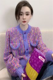 Women's o-neck long sleeve Colour block purple warm thickening knitted sweater coat cardigan SMLXL