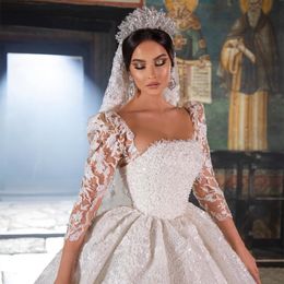 Elegant Ball Gown Wedding Dresses Appliques Long Sleeves Bateau Sparkling Sequins Beads Lace Ruffles Sparkling Floor Length Sparkling Bridal Gowns Plus Size