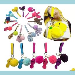 Party Favor 11 Colors Party Favor Defense Keychain Pompom Hand Sanitizer Wrist Strap Lipstick Keychains Sier For Woman Men Selfdefen Dho0Z