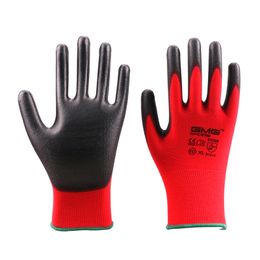 6 Pairs Work Gloves Red Polyester Black PU Safety Glove for Women Men Mechanic Working Anti-static CE EN388