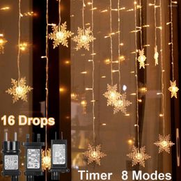 Strings Timer Waterproof 8 Modes Snowflake Festoon Curtain Lights Icicle Fairy String Garland Christmas Decoration Holiday Garden