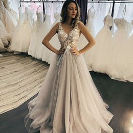 Illusion Bodice Boho Wedding Dresses Glitter Sparkle Nude Tulle With White Appliques Beach Bridal Dress suknia slubna Custom