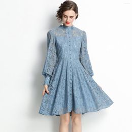 Casual Dresses Vintage Autumn Winter Embroidery Lace Blue Dress Fashion Women Stand Collar Hollow Out Lantern Sleeve Single Breasted Mini