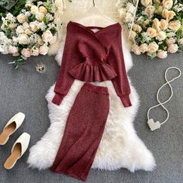 Work Dresses Spring Women Shiny Knitting Skirts Sets Ruffles Long Sleeves Wool Warm Sweater Knitted Two Pieces Set 2 Piece