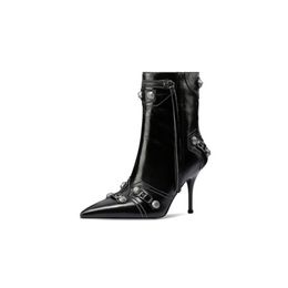 2022 Women's Boots Fashion Sexy Top Layer Cowhide Solid Color Pointed High Heel Shoes Retro Metal Buckle Zipper Over Knee Slim Fringe Shoes 34-45