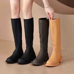 Boots Dress Shoes New Autumn Winter Knee Length Leather Knight Women's Bottomed Zipper Botines De Mujer Square Heel Rubber