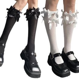Женщины носки девушки лолита элегантная коленная высокая японская студентка в стиле колледжа каваи сладкий много атласного боунота черный белый длинный сток