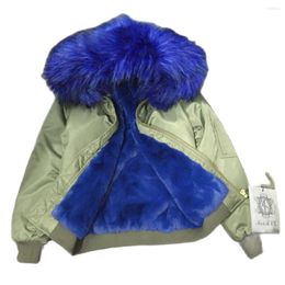 Women's Fur Army Green Nylon Fabric Bomber Jacket Women&Men Winter Fashion Wear With Blue Faux Lining And Collar