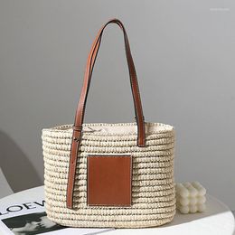 Shopping Bags Women Summer Beach Woven Straw Handbag With Adjustable Faux Leather Handle Large Single Shoulder Tote Bag Drawstring231v