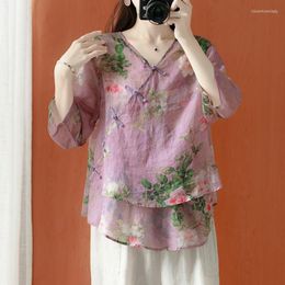 Women's Blouses Autumn Retro National Wind Ramie Print Shirt Small Female V-neck Oblique Placket Button Irregular Casual Linen