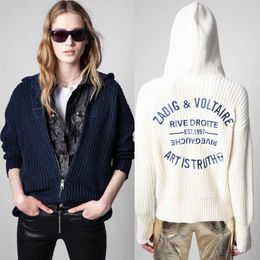 Zadig Voltaire Maglione in cashmere con cerniera Maglione classico con ricamo a lettera Cardigan con cappuccio Cappotto Maglione ampio di design da donna