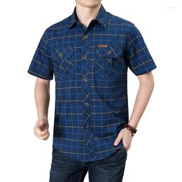 Men's Casual Shirts Plus Size 5XL Summer Mens Military Loose Shirt Men Plaid Short Sleeve Single Breasted Camisas Para Hombre