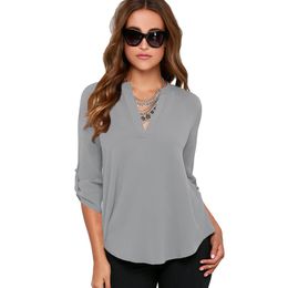 Wholesale Women's Chiffon T-Shirts Solid Middle Sleeve Blusas Sexy Deep V Neck Chiffons Plus Sizes Blouse Casual Long Sleeved OL Style 282E