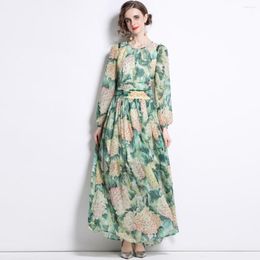 Casual Dresses Bohemian Spring Summer Flower Holiday Beach Dress Elegant Women Chiffon Hydrangea Printed O Neck High Waist Long Vestidos