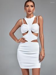 Casual Dresses White Bandage Dress Women Cut Out Bodycon Evening Party Elegant Sexy Birthday Club Outfits 2022 Summer Arrival