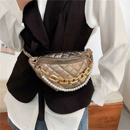 HBP Women's Waist Bag Female Pearl Chain Fanny Pack Leather Belt Bags Luxury Shoulder Crossbody Chest Bags Banana Hip Pocket 220809