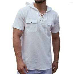 Men's Casual Shirts Men T-Shirts Fashion Blouse Top Male Shirt Solid Colour Hooded Short Sleeve Loose Summer For Men's Clothing