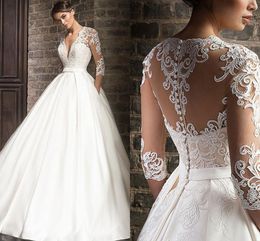 Elegante Spitze Hochzeit Kleid vestido de novia 2024 Halbarm V-ausschnitt Braut Kleider Sweep Zug Taschen Anpassen Robe De Mariee