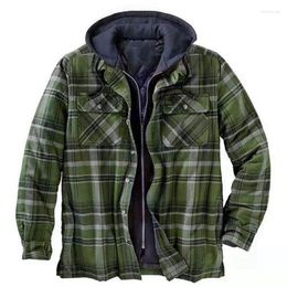 Men's Jackets Men's Zip Up Hoodie Coat Men Fashion Plaid Long-sleeved Loose Hooded Jacket Shirt Autumn And Winter Thick Cotton
